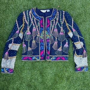 Vintage psychedelic navy blue and purple beaded jacket with tassels design